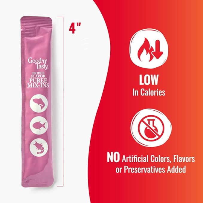 Good 'n' Tasty Triple Flavor Puree Mix-Ins Dog Food Topper Treats for All Dogs, 28 Count, Easy Single-Serve Portions, Added Protein with Salmon, Tuna and Krill, No Chicken or Beef Added