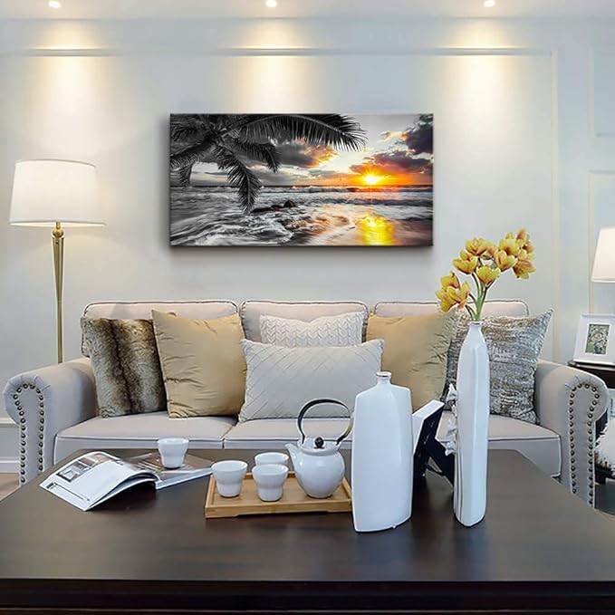 Yxbhhym-Large Canvas Ocean Wall Art Black White Gold Wall Art Beach Pictures for Walls Sunrise Seascape Scenery Print Palm Poster Wave Sea Artwork for Wall Art Living Room Office Wall Decor Bedroom