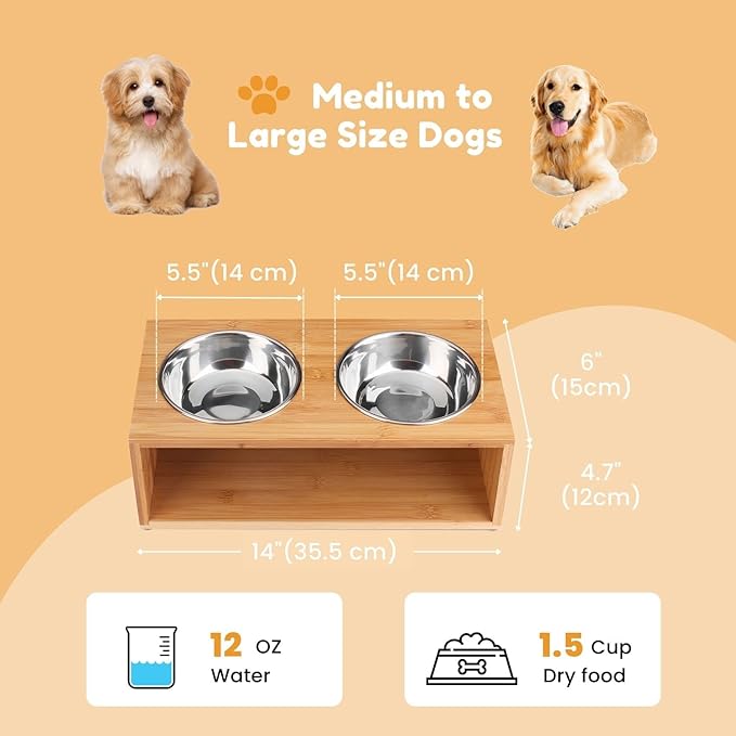 Flexzion Elevated Dog Bowl Stand Raised Dog Bowl Holder Pet Feeding Station Dish Riser 14 Oz 4.7-Inch Tall Food and Water Platform Stainless Steel Raised Food Bowl for Dogs and Cats with Wooden Stand