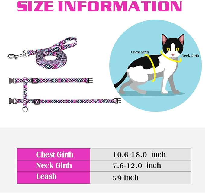 Cat Harness and Leash Set Geometric Pattern Escape Proof Adjustable for Kitty Outdoor Walking(Purple)