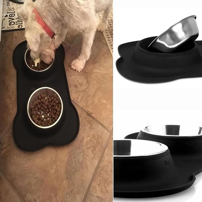 AsFrost Dog Food Bowls Stainless Steel Pet Bowls & Dog Water Bowls No Spill Non Skid, Feeding Bowls with Dog Bowls Silicone Mat for Small Medium Large Size Dogs, Cat Pet Dog Dishes Set, Black, 3 Cup