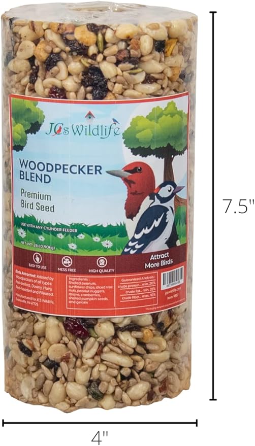 JCs Wildlife Woodpecker Blend Premium Bird Seed 2 lb Small Cylinder with Hole (2 Cylinders)
