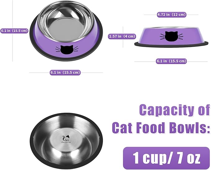 3Pcs Cat Bowls, Non-Slip Stainless Steel, 7 Oz, Suitable for Indoor Pets, Removable Rubber Base, Lovely Color