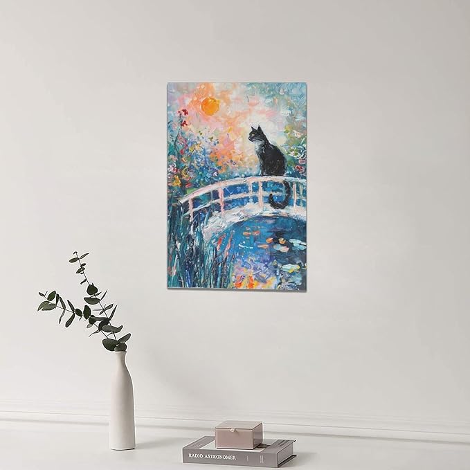 Quorin Black Cat Wall Art Water Lily Sunset Pictures Cat Wall Decor Impressionism Canvas Print Painting Artwork for Bathroom Living Room Bedroom 16"x24"