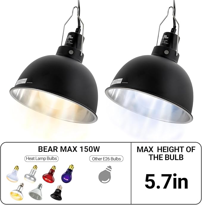 2 Pack Reptile Light Fixture, 8.5in Deep Dome Reptile Lamp Fixture, Optical Reflection Cover, Separate Switch & Hook, Terrarium Light Fixture for Reptile Heat Basking UVB Bulbs, 150W, Black
