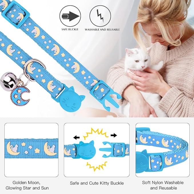2Pcs Breakaway Cats Collars Cat Collars for Boy Cats Adjustable Kitten Collars with Bell,Black+Light Blue