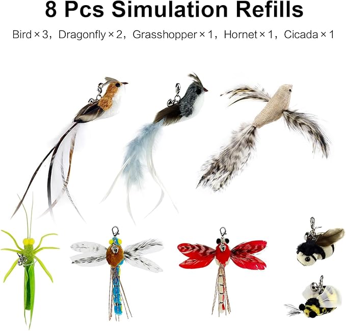 TTcat Cat Feather Toys Suction Cup,2 Cat Wands,8Pcs Birds and Insects Dragonfly Grasshopper Simulation Feather Refills with Bells, Interactive Toys for Indoor Cats and Kitten.
