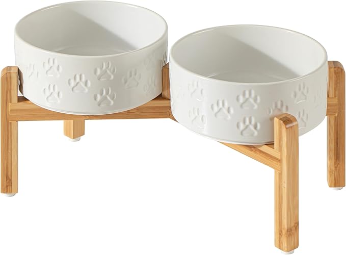 Elevated Ceramic Dog Bowls, 7.3" Dog Dishes with Stand, 5 Cup Elevated Food & Water Bowls for Medium Sized Dogs, Microwave Safe (Double Bowls + Stand - White, 7.3 inch)