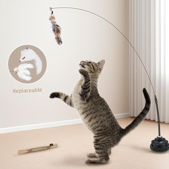 Suction Cup Cat Toys for Indoor Cats,3 in 1 Interactive cat Toys for Indoor Cats,Self Play or Handheld,Feathers & Bells,Realistic Toy Mouse and Silvervine Sticks(Pink)