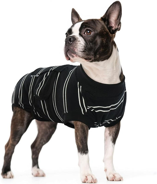 Kuoser Dog Surgery Recovery Suit for Female Male Dogs, Stripes Spay Neuter Anti-Licking Dog Onesie, Surgical Suit Snugly Pet Post Surgery Vest Bodysuit for Abdominal Wounds Skin Disease, Black S