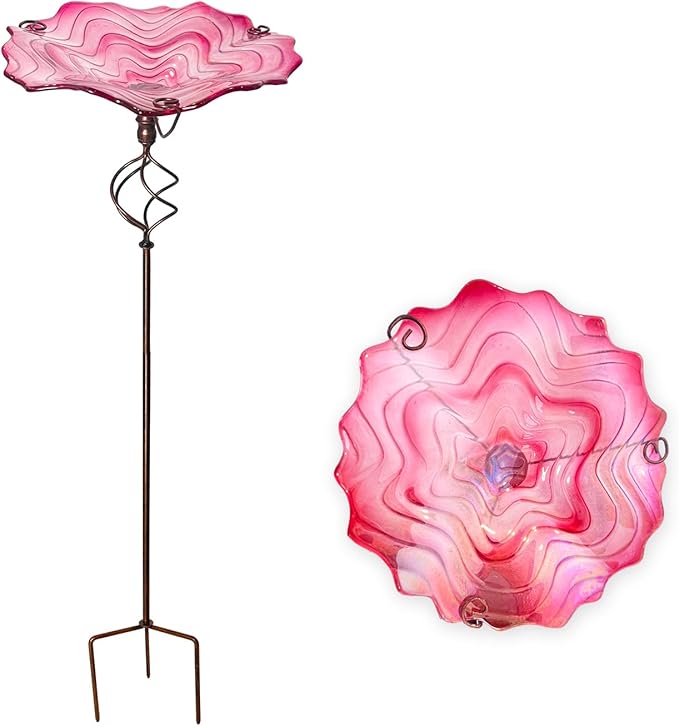 HONGLAND 31" Red Glass Bird Bath with Sturdy Metal Stake, Secure Freestanding Birdbath for Outdoors, Garden, Patio, and Yard Ornament