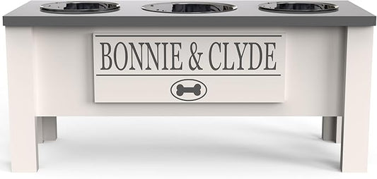 GrooveThis Woodshop - Personalized Elevated Triple Dog Bowl Stand for Large, Medium, Small, X-Small Dogs - 3 Stainless Steel Food and Water Bowls - Raised Dog Dish with Internal Storage (Large, Grey)