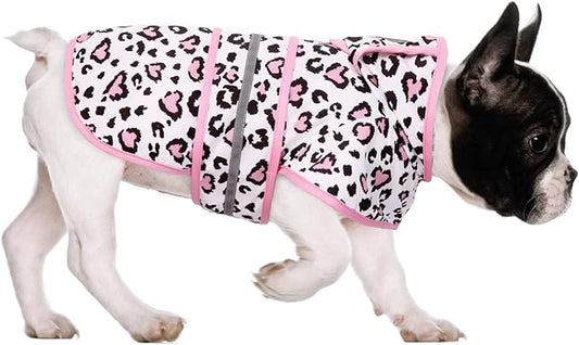 HDE Dog Raincoat Jacket Reflective Adjustable Hooded Pet Poncho Rain Coat with Leash Hole for Small to X-Large Dogs Leopard Hearts - M
