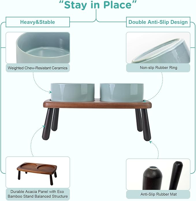 SPUNKYJUNKY Ceramic Elevated Dog Bowls Raised with Acacia Bamboo Wooden Stand, 6.1'' Dog Cat Food Water Bowls Set Non-Slip for Small Medium Sized Breed Microwave Dishwasher Safe - 28.7 OZ,Light Green