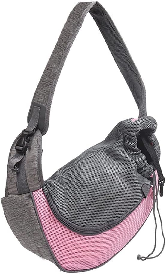 Pet Dog Sling Carrier, Breathable Mesh Hand Free Adjustable Travel Safe Puppy Sling Bag Dog Satchel Carrier for Dogs Cats Rabbit Small Animals (Adjustable Buckle for 5-10 lbs, Pink)