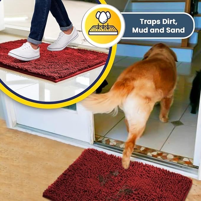 Muddy Mat® Shown on TV – Super Absorbent Microfiber Dog Door Mat for Muddy Paws, Non-Slip Washable Pet Rug, Quick Dry Chenille Entryway Carpet, Machine Washable Indoor Outdoor mat, Red 35"x24"