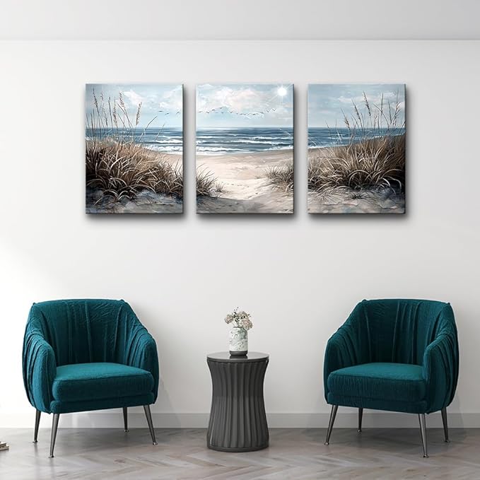 TTHYUEWS Canvas Wall Art For Living Room Wall Decor For Bedroom Modern Office Canvas Art Office Decor Blue Sea Beach Wall Paintings Prints Pictures Artwork Ready To Hang Home Decor 20" X 28"3 Piece