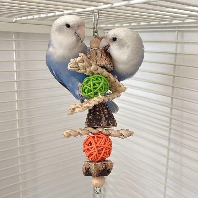 Parrots Chewing Toy Wood Block Nut Rattan Ball Corn Husk with Hanging Hook Entertainment Toy Wood Bird Toy for Parrots Chewing Block Cage Toy Accessories for Cockatiel Parakeets Random Color (1 Pcs)