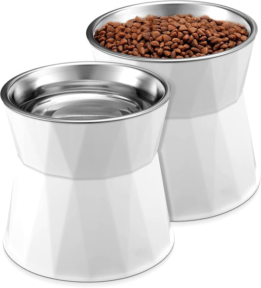 Lallisa 2 Pcs Elevated Cat Bowls Adjustable Raised Cat Feeder Non Slip Food Water with Stand Safe Stainless Steel Bowls with Pet Food Stand for Pets Feeding Eating(White)