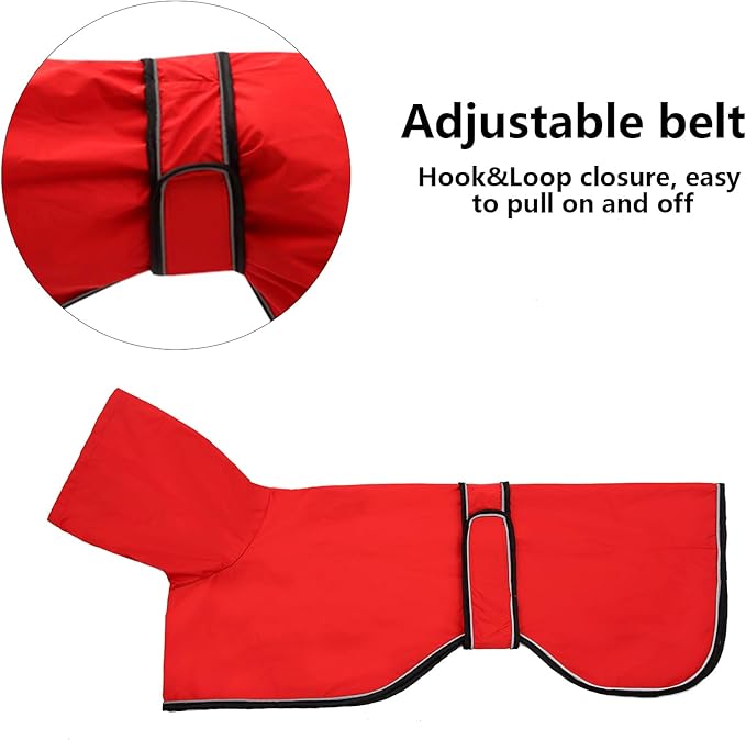 Dog Raincoat with Reflective Bar, Rain/Water Resistant, Adjustable Vest - Dog Raincoats for Greyhounds, Lurchers and Whippets - Red - M