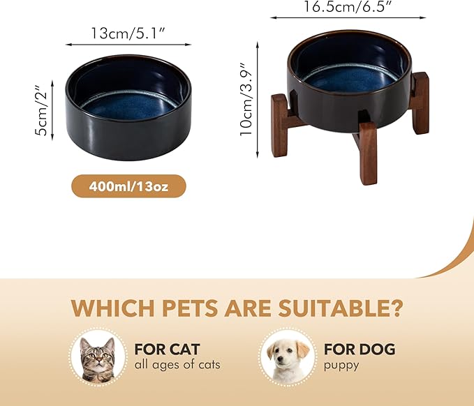 Ceramic 5.1inch Raised Dog and Cat Bowl Set, 2 Heights Elevated Wooden Stand for Puppy, Kitty, Cats, Weighted Pet Food and Water Dishes(5.1'',13.5oz, Starry Sky)
