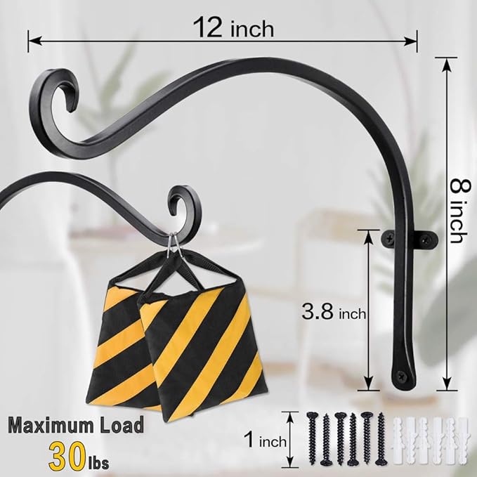 Bird Feeder Hanger: 12-Inch Wall-Mounted Plant Bracket Outdoor - 4 Pieces Black Plant Hooks for Hanging Flower Baskets