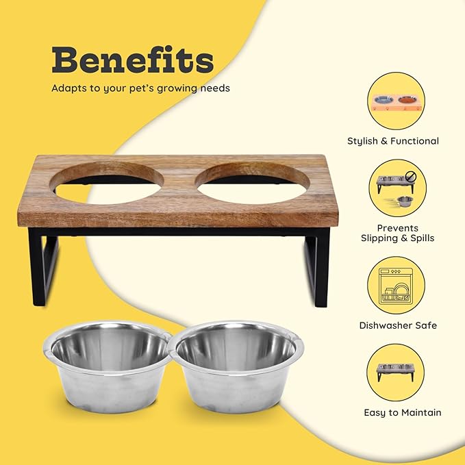 Elevated Dog Bowls, Small-Med 5 Height Mango Wood Raised Dogs Bowl Iron Stand with 2 Pcs 32oz Stainless Steel Pet Dishes | Food & Water 4Cup/0.95L Capacity Nonslip Cats Feeding Station