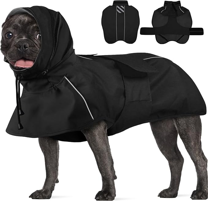 Large Dog Raincoat, Reflective Waterproof Rain Jacket with Convertible Hood/Collar, Lightweight Adjustable Dog Poncho with Leash Hole Full Coverage (Black, L)