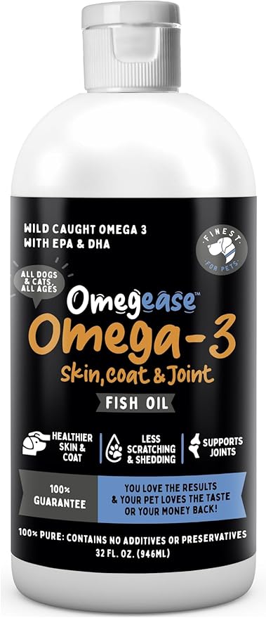 Omegease Fish Oil for Dogs & Cats - Finest for Pets Omega 3 for Cats & Dogs - Supplement for Skin & Coat, Itching, Shedding, Joints & Immune Health - 100% Pure Omega Fish Oil with EPA & DHA (32 oz)