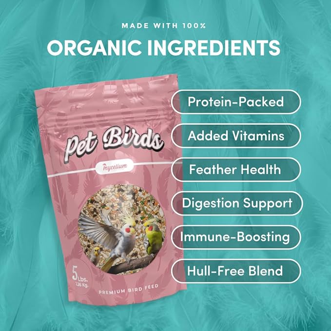 Mycelium Small Pet Bird Plus | Bird Seed for Cockatiels, Parrots, Lovebirds | Organic Mix with Vitamins, Egg, Oyster Shell, Pumpkin & Safflower | Supports Digestion & Feather Health | 5 lb Bag