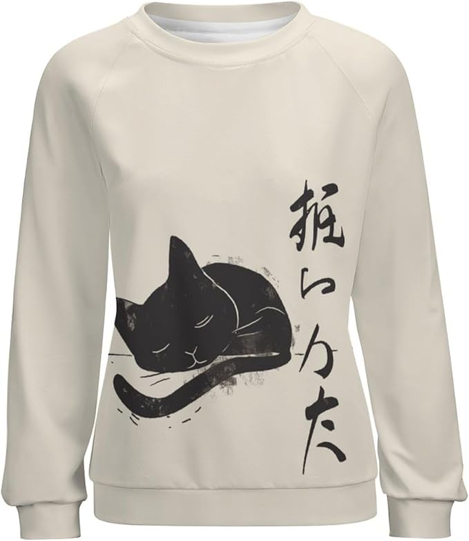 Womens Long Sleeve Tops Y2k Japanese Art Print Sweatshirts Fall Pullover for Women Crewneck Vintage Shirts Boho Tops