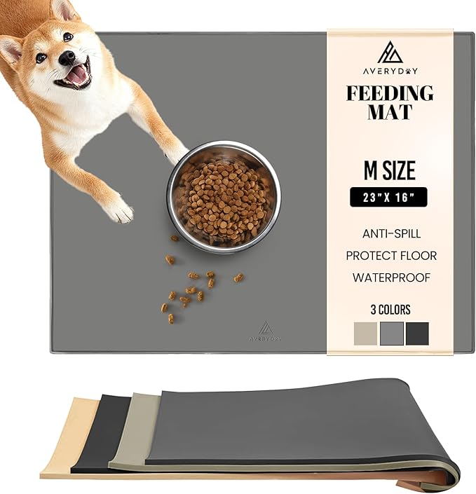 AVERYDAY 23x16'' Silicone Dog Mat for Food and Water, 0.63'' Edge Dog Food Bowl Mats for Floor Waterproof, Dogs Water Mat for Sloppy Drinker, Non Slip Rubber Pet Feeding Mats for Indoor Dogs and Cats