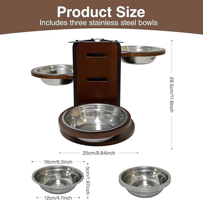 Adjustable Elevated Dog Bowl Stand (3.6"/6.3"/9.2") with 3 Stainless Steel Bowls, 3 in 1 Bamboo Raised Dog Bowls Pet Feeding Station for Cats/Small/Medium Dogs