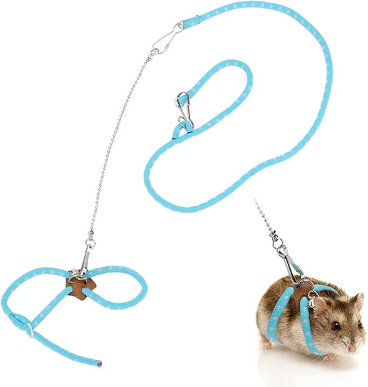 Hypeety Hamster Adjustable Training Lead Leash Nylon for Hamster Rat Squirrel Gerbil Pet Cage Playhouse Leashes Band Finder Collar Bell (Blue)