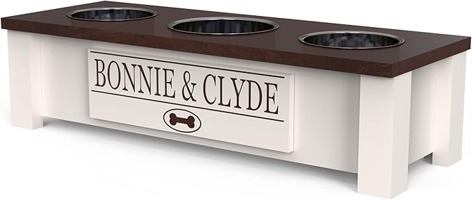 GrooveThis Woodshop - Personalized Elevated Triple Dog Bowl Stand for Large, Medium, Small, X-Small Dogs - 3 Stainless Steel Food and Water Bowls - Raised Dog Dish with Internal Storage (Small, Brown)