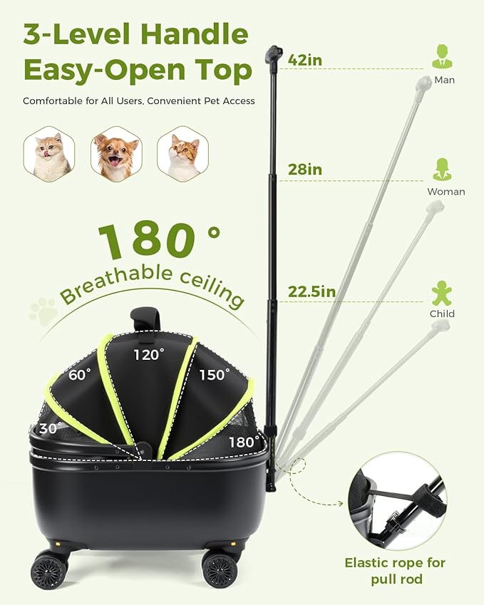 Lekereise Cat Carrier with Wheels (Black), 180° Wide Open Rolling Cat Carrier for Outdoor Adventures, Silent Wheels & Hard Bottom for Park/Camping, Portable Pet Travel Carrier for Cats Up to 15 lbs