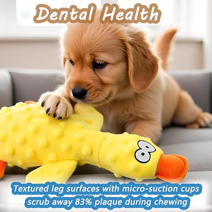 OUANGANC Calming Duck Dog Toy for Aggressive Chewers, Make a Crinkly Crunchy Noise, with Squeaker, 2025 Upgraded Indestructible Puppy Teething Toys, for Small to Medium Dog Breeds (Yellow 10.6in)