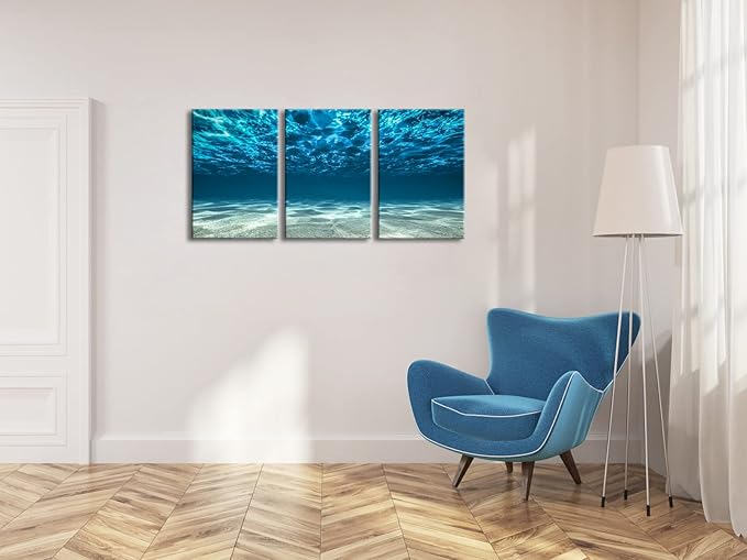 Wieco Art 3 Piece Blue Ocean Bottom Canvas Wall Art for Living Room Beach for Bedroom Wall Decor Seaview Pictures Painting On Canvas Modern Canvas Prints Artwork for Home Decorations