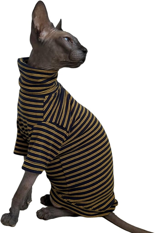 Vintage Stripes Sphynx Hairless Cats Shirt Cotton Cat Turtleneck Pet Clothes Kitten T-Shirts with Sleeves for Sphynx Cornish Rex, Devon Rex, Peterbald (Yellow Black, Medium (Pack of 1))