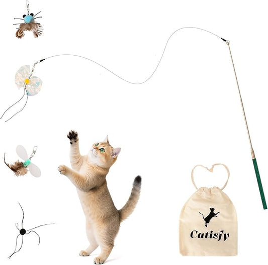 Cat Wand Toy – Retractable Wand with 4 Feather Toy Refills for Indoor Cats Enrichment, Interactive Cat Toy for Bored Adult Cats and High-Energy Kittens (BioBugs Serie)
