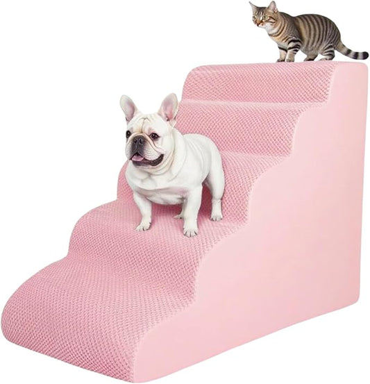 5 Step Pet Stairs Ramp for High Beds Sofas 5-30 Inch with Sturdy Non Slip Waterproof Pads, Machine Washable Cover Indoor Balanced Design for Cats Dogs Small Medium Large XL Pets Grey (Pink, Large, 1)