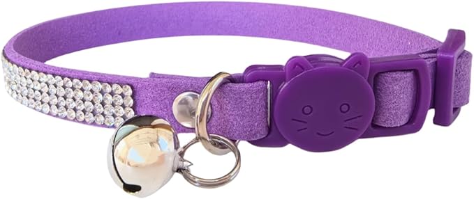 Rhinestone Cat Collar Breakaway Safety Buckle with Bell, Adjustable Diamond Girl Boy Kitty Cute Comfy Collar for Kitten Small Pets Rabbits, 7.5"-11" Purple
