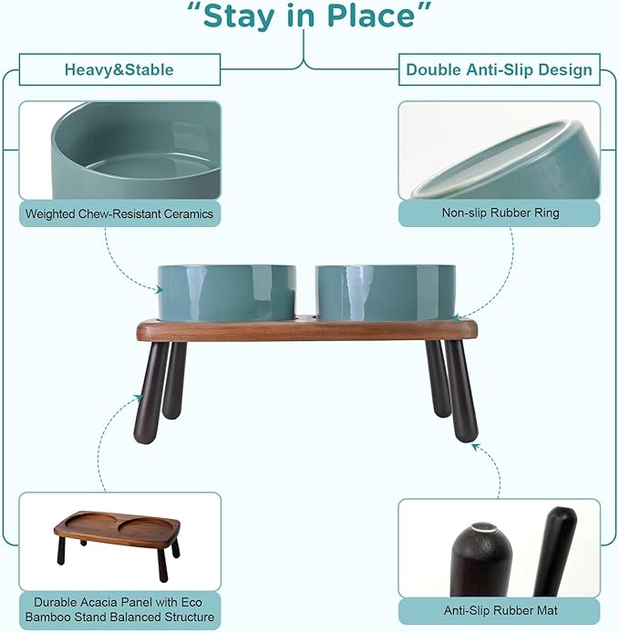 SPUNKYJUNKY Ceramic Elevated Dog Bowls Raised with Acacia Bamboo Wooden Stand, 6.1'' Dog Cat Food Water Bowls Set Non-Slip for Small Medium Sized Breed Microwave Dishwasher Safe - 28.7 OZ,Dark Green