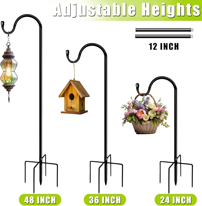 Shepherds Hooks for Outdoor 48 Inch Garden Bird Feeder Pole with 5 Prongs Base Adjustable for Hanging Flower Basket Plant Pot Solar Lantern Light Wind Chime Hanger for Wedding Decor 1 Pack