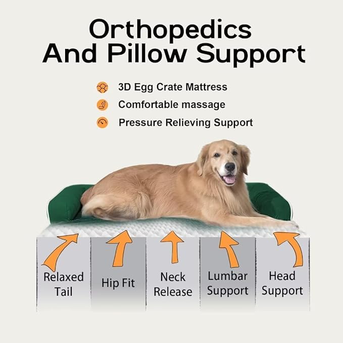 Large Dog Bed Orthopedic Washable - Waterproof Removable Cover - Medium XLarge Big Dogs - Egg Foam Couch - Emerald Dog Beds Bolster with Sides