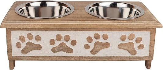 GoCraft Raised Dog Bowls for Small Dogs – Whitewashed Wooden Elevated Feeder Stand in Modern Farmhouse Style with 2 Stainless Steel Bowls for Pet Food & Water