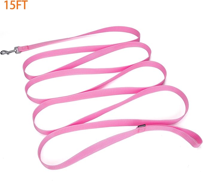 Strong Durable 15ft Nylon Dog Training Leash, 1 Inch Wide Traction Rope, for Small and Medium Dog (Pink, 15 Feet)