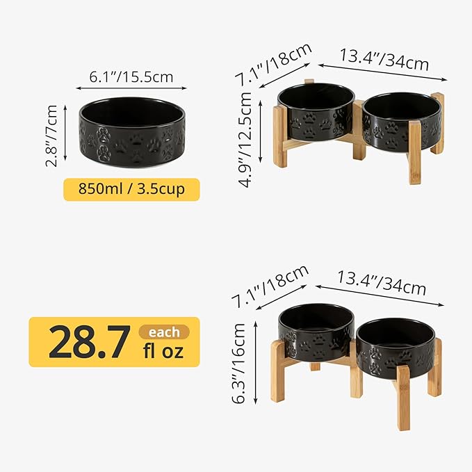 Elevated Ceramic Dog Bowl Set, 6" Dog Bowls with Dual Fixed Heights Stand, 3.5 Cup Food and Water Bowls for Small Breed Dogs, Microwave Safe (Double Bowls + Stand - Black, 6 inch)