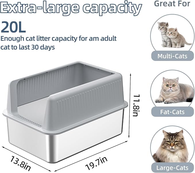 Stainless Steel Cat Litter Box with Lid,XL,19.7” L x 13.8” W x 11.8”H Deep,Large Metal Litter Box with High Side,for Small and Large Cats,Anti-Leakage Non-Sticky Easy Cleaning Include Litter Scoop