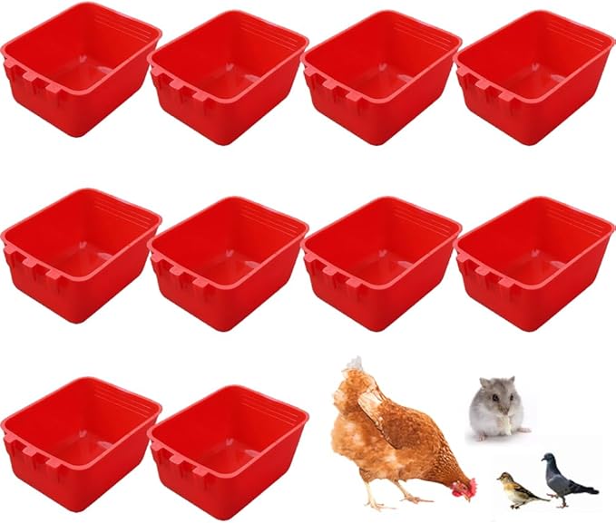 10 Pack Square Cage Cups Birds Feeders,Hanging Bird Chicken Feeder Waterer Cups,Plastic Drinker Quail Cage Waterer,Feeding Bowl for Rabbit Pigeon Parrot Parakeet Gamefowl,Red